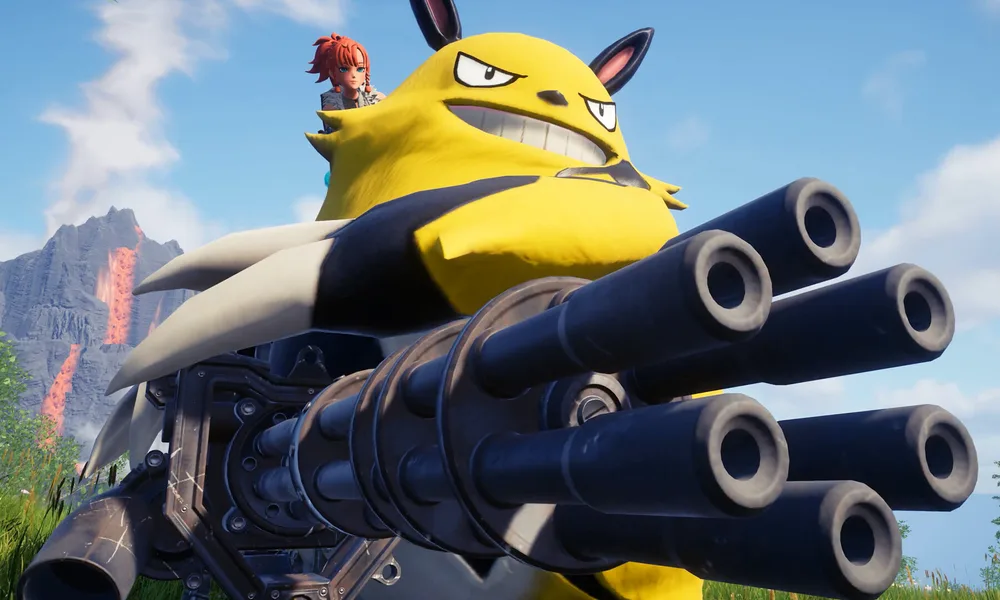 Un joueur et son Pal équipé d'une gatling dans Palworld